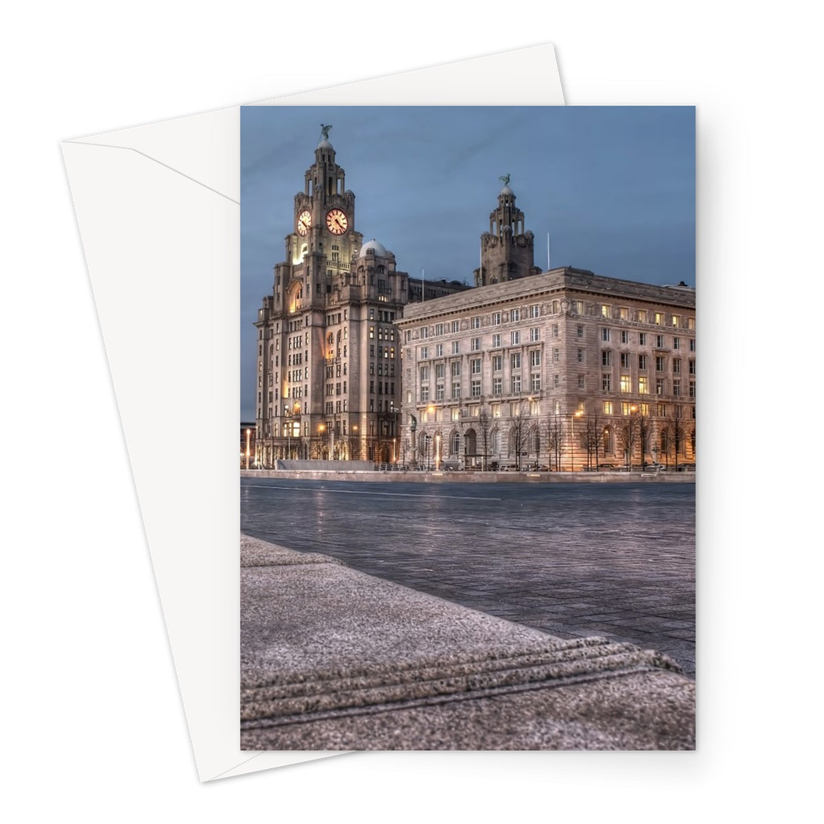 The Liver Buildings: A Liverpool Icon at Twilight Greeting Card