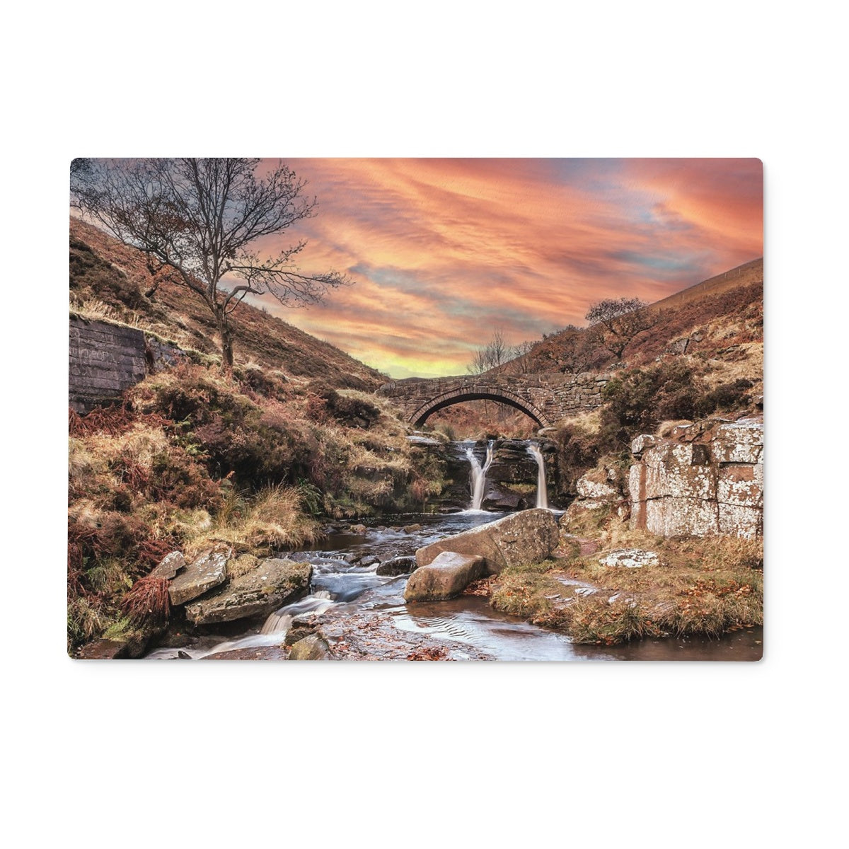 Three Shires Head Waterfall & Packhorse Bridge Glass Chopping Board