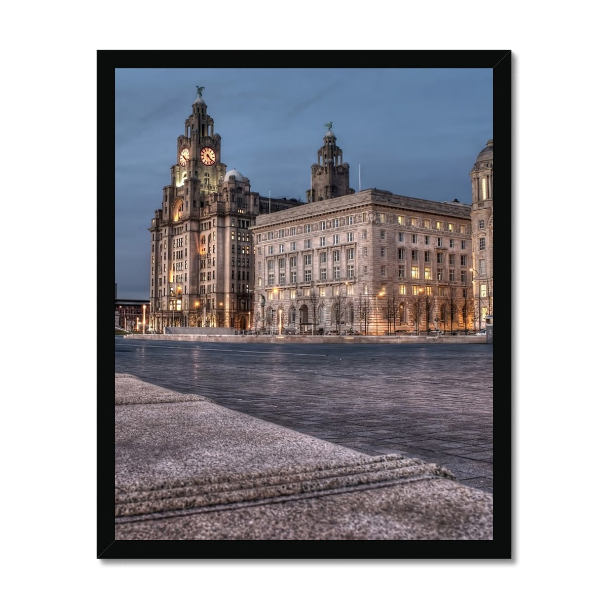 The Liver Buildings: A Liverpool Icon at Twilight Budget Framed Poster