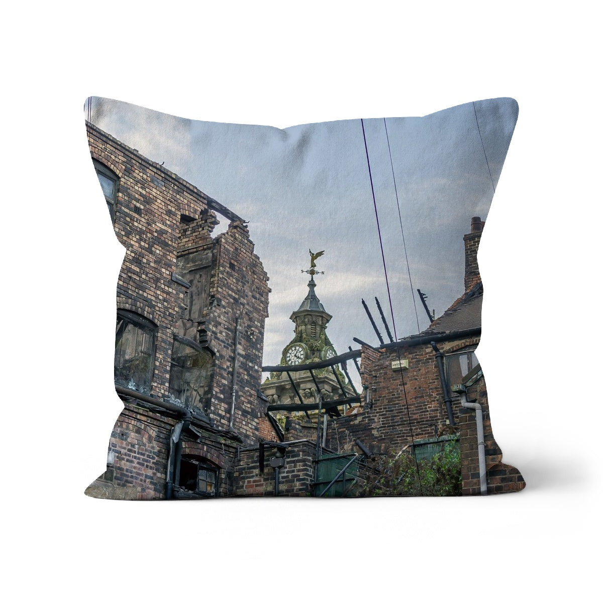 Burslem Town Hall, viewed through the ruin of The Leopard, Burslem Cushion