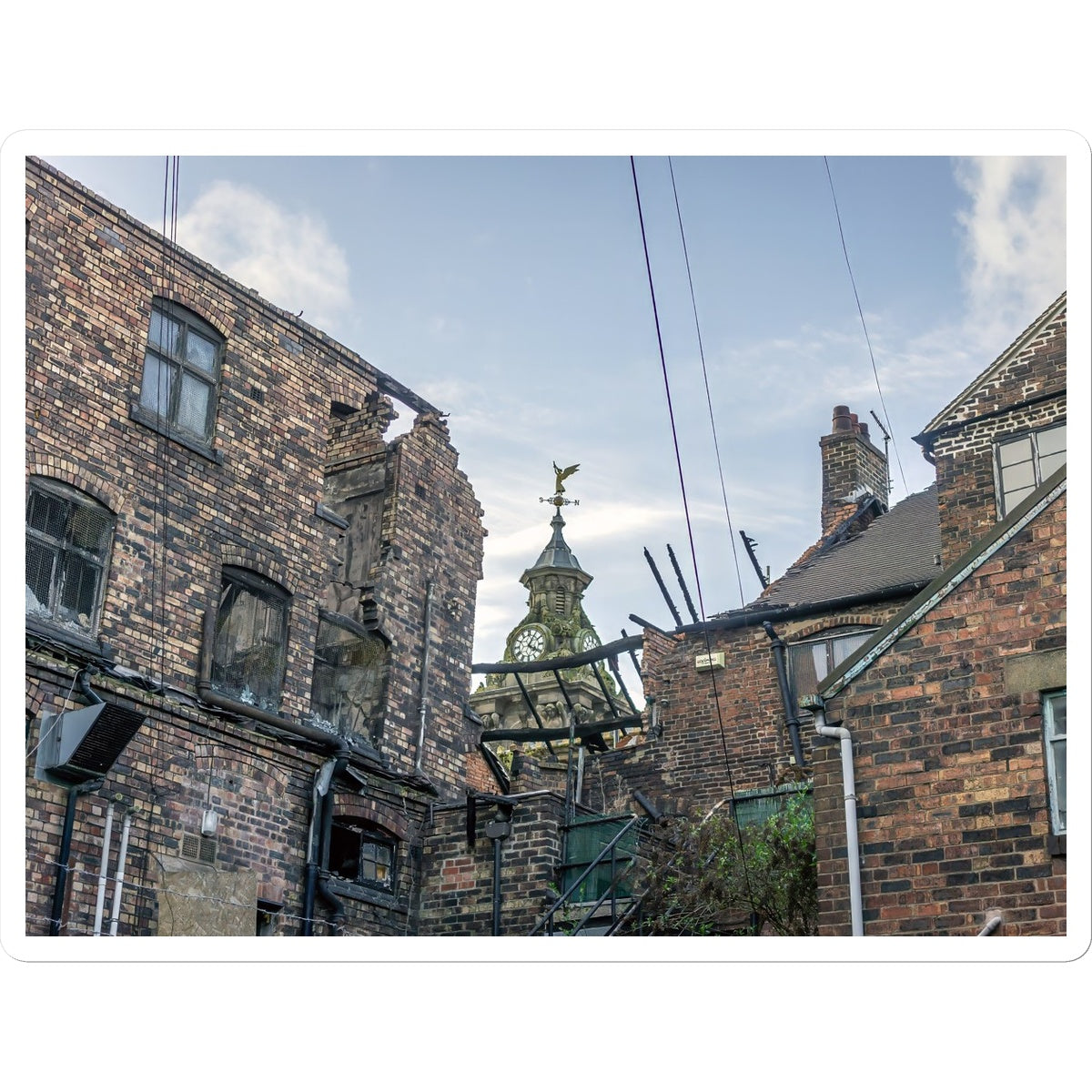 Burslem Town Hall, viewed through the ruin of The Leopard, Burslem Sticker