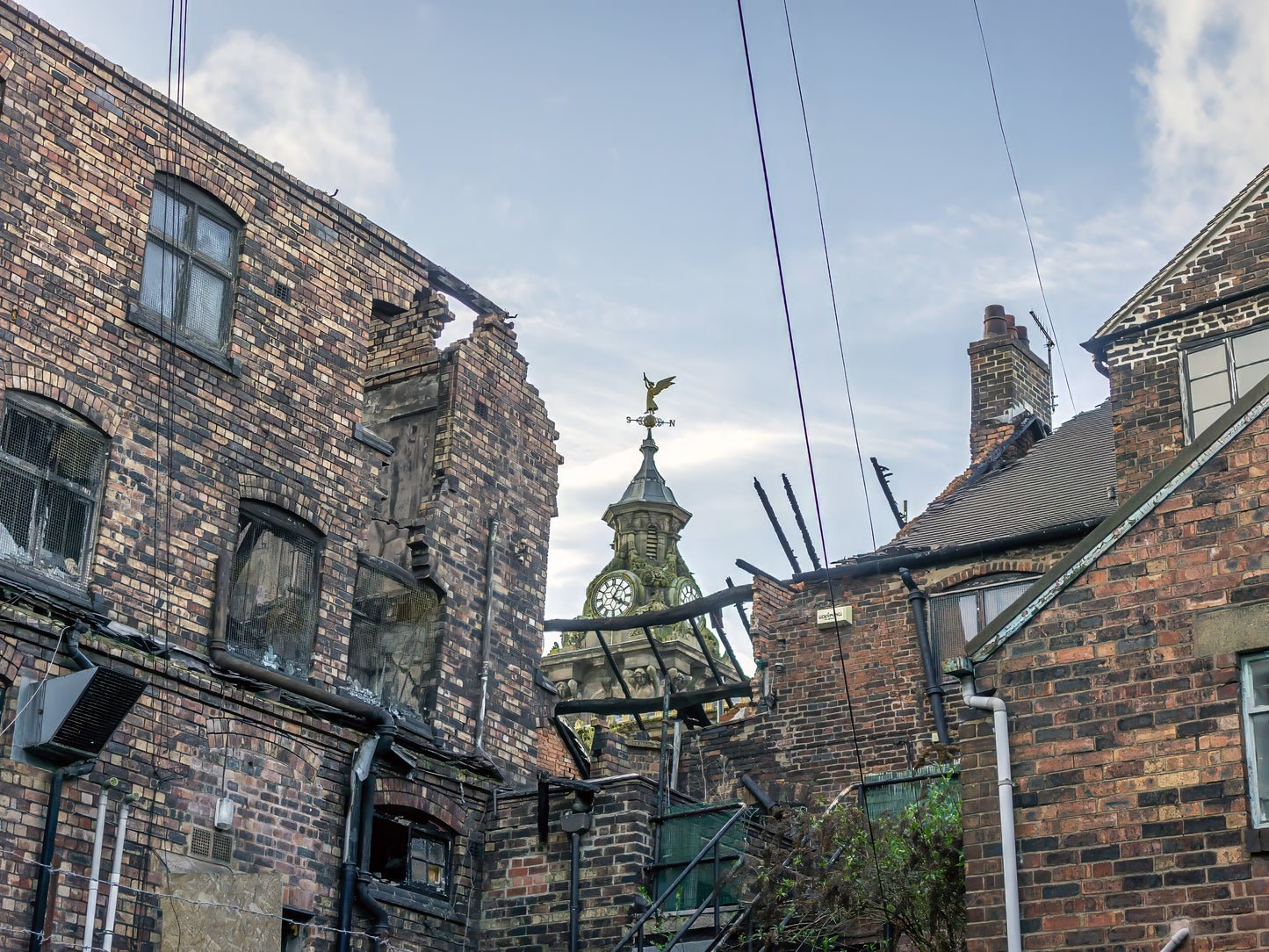 Burslem Town Hall, viewed through the ruin of The Leopard, Burslem