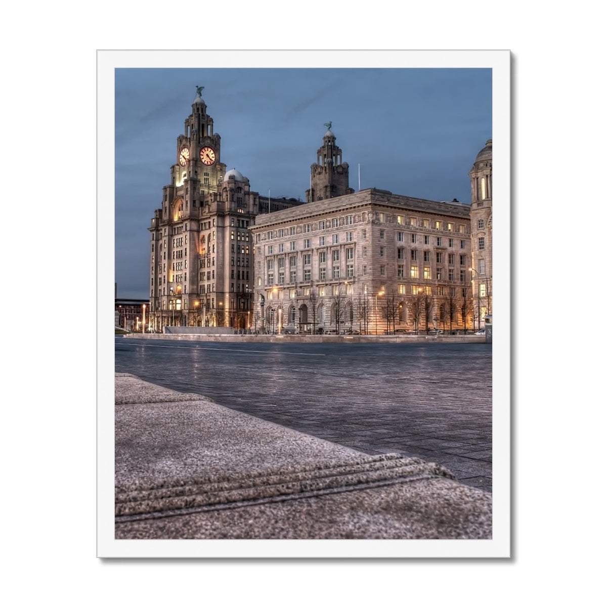 The Liver Buildings: A Liverpool Icon at Twilight Budget Framed Poster