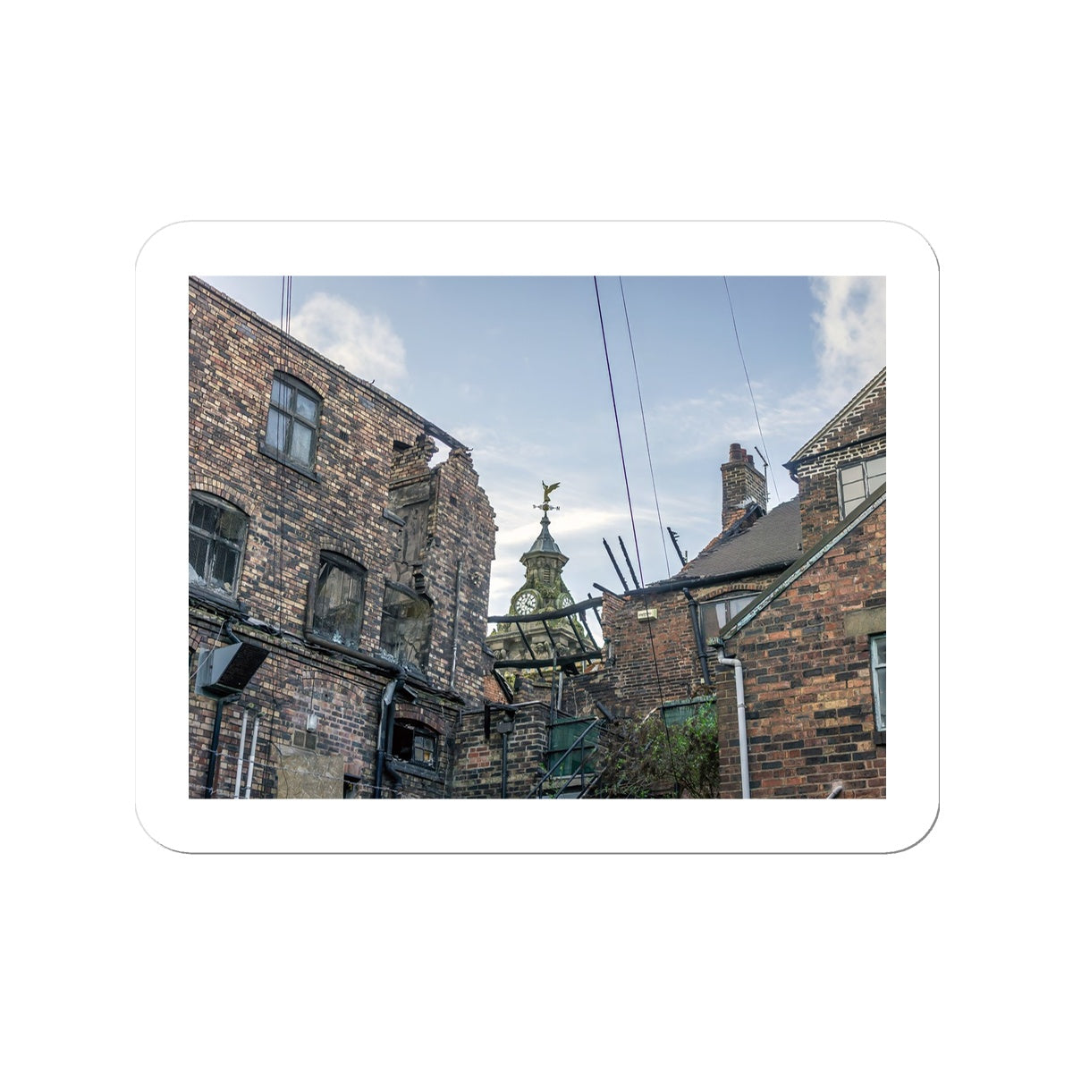 Burslem Town Hall, viewed through the ruin of The Leopard, Burslem Sticker