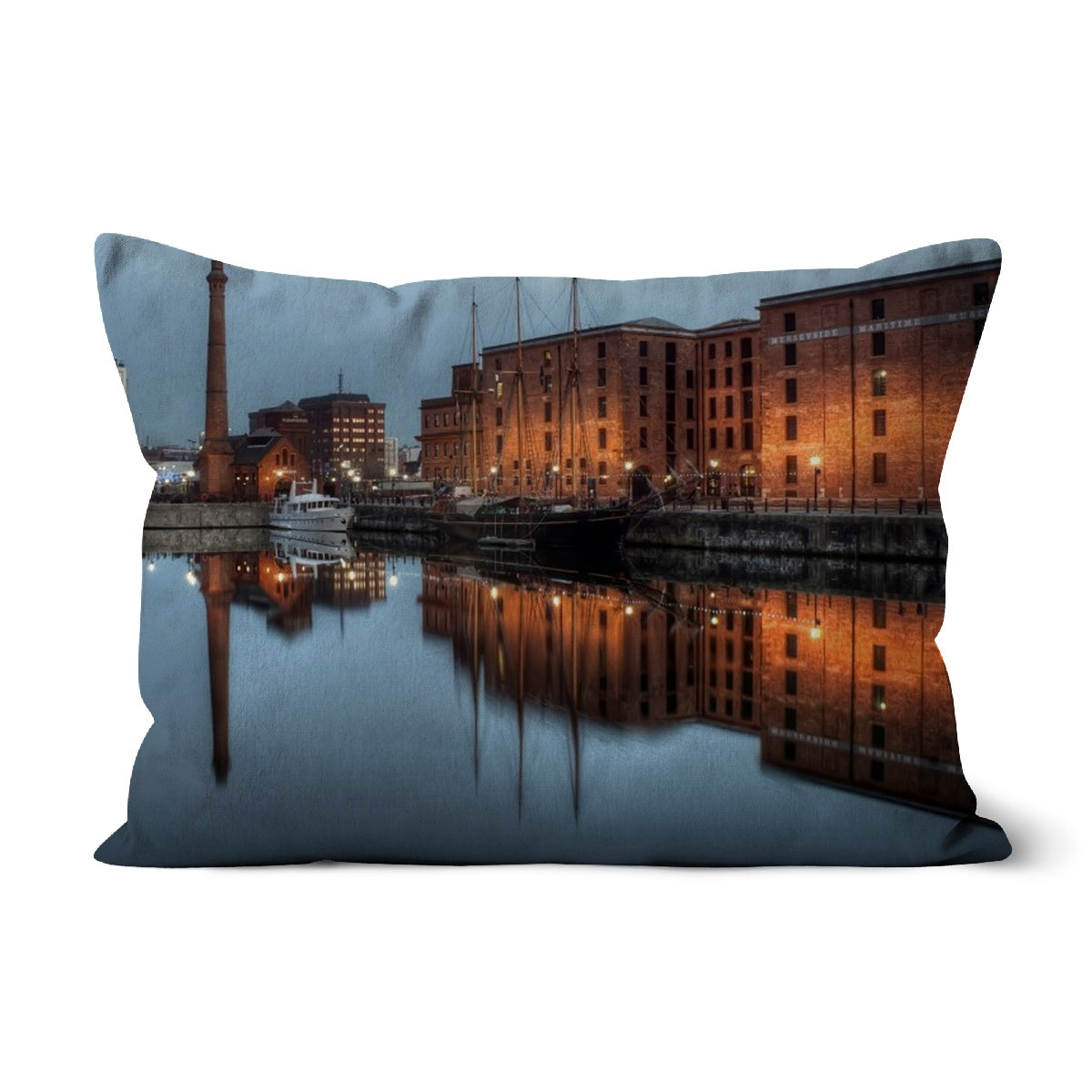 Dusk at Merseyside Maritime Museum Cushion